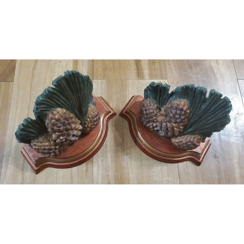 Vintage Pinecone & Needle Wall Sconce Display Shelves Set Woodland Forest Cabin